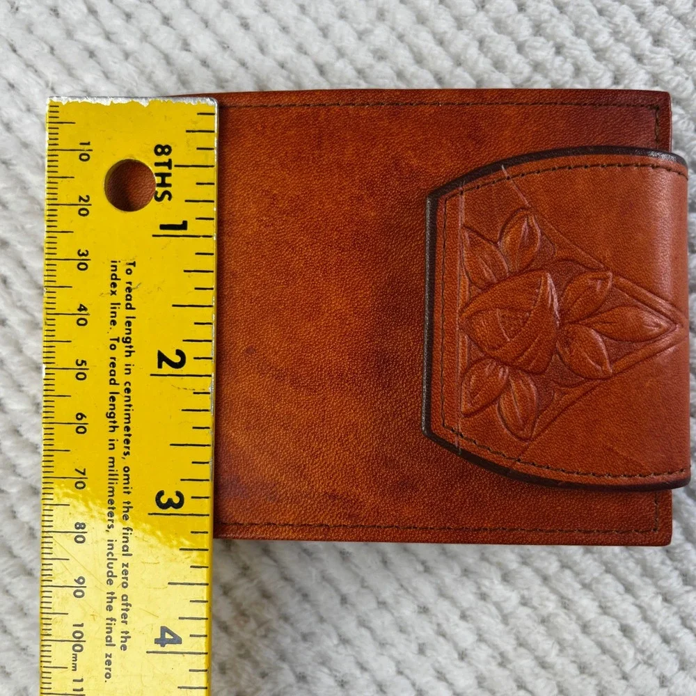 Vintage Rolfs Cowhide Leather Wallet‎ Tan Brown Embossed Floral Rose Bifold Snap